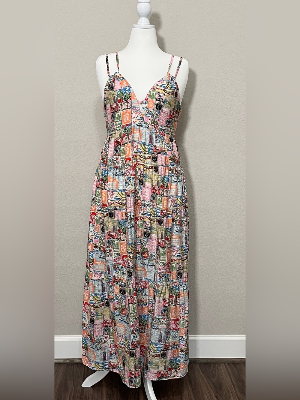The Good Journey Postcard Print Double Strap Boho Maxi Dress Size 14
